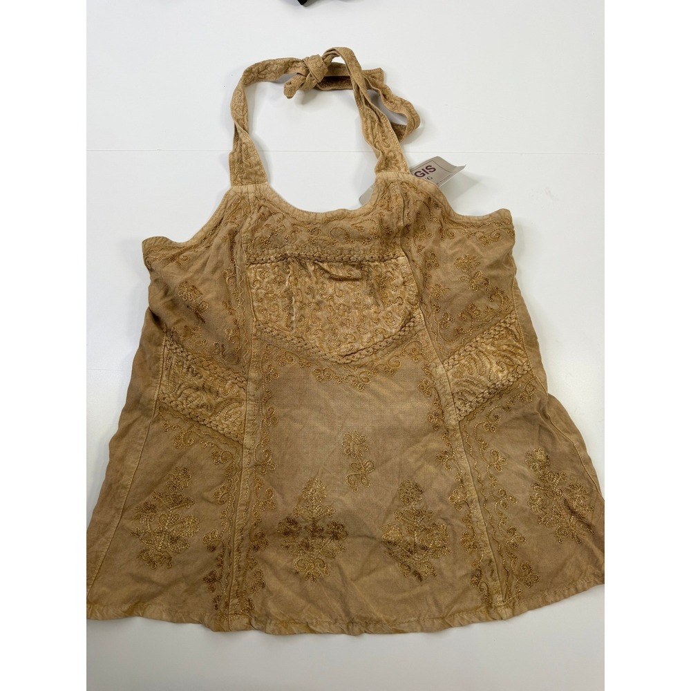 Boho Embroidered‎ Halter Top Tan Brown Viscose Sleeveless Festival Blouse NWT